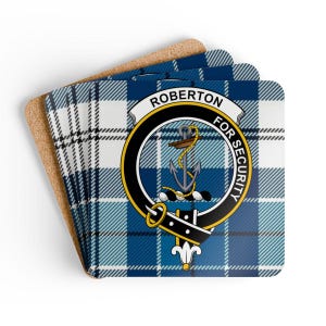 Roberton Coaster Set: Tartan, Clan Crest, Scottish Heritage, Drink Coasters