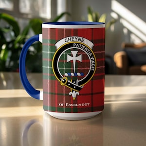 Cheyne Scottish Clan Crest Tartan Mug, Scottish Family Mug, Gift for Scots, Ancestry Mug, Surname Mug