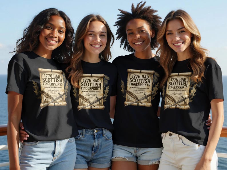 Four women wear black t-shirts with "1776 Had Scottish Fingerprints" design.