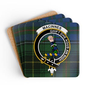 MacInnes Coaster Set: Scottish Clan Crest, Tartan Design, Drink Coasters