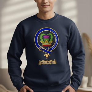 Navy sweatshirt featuring the MacAlpine clan crest on the chest.
