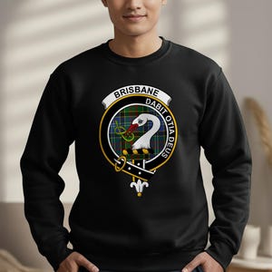 Black sweatshirt with Brisbane clan crest featuring "Brisbane" and Latin motto.