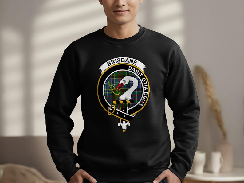 Black sweatshirt with Brisbane clan crest featuring "Brisbane" and Latin motto.
