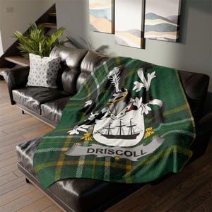 Choose Any Irish Name Blanket Personalized Irish Surname Coat of Arms on Irish National Tartan Background, Customizable Irish Heritage Gift