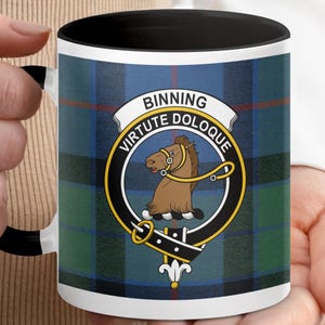 Binning Scottish Clan Crest Tartan Mug, Family Name Gift, Scotland Heritage, Scottish Pride, Virtute Doloque, Unique Coffee Mug