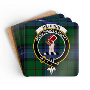 Meldrum Coaster Set: Scottish Heritage, Clan Crest, Drink Coasters, Home Decor