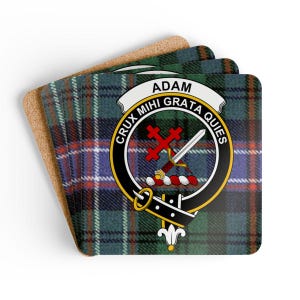 Adam Clan Coaster Set: Family Crest, Tartan Background, Drink Coasters