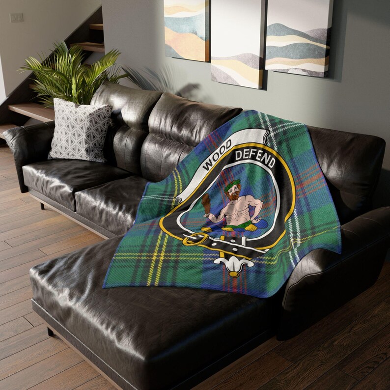 Wood Clan Crest Tartan Blanket, Scottish Clan Crest Minky Blanket, Wood