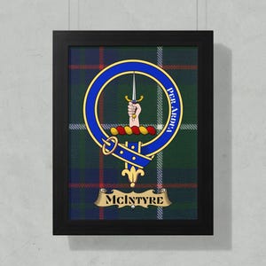 McIntyre Clan Crest Framed Poster, Scottish Tartan Art, Family Heritage Decor, Scotland Gift, Celtic Pride, Genealogy Gift, Scottish Roots