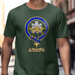 Green t-shirt with the MacLauchlan clan crest and motto "Fortis et Fidelis".