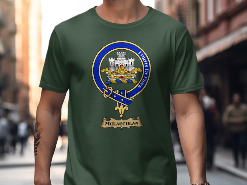 Green t-shirt with the MacLauchlan clan crest and motto "Fortis et Fidelis".