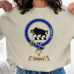Clan Nisbet Crest T-Shirt, Nisbet Family Heritage Sweatshirt, Scottish Ancestry Gift, I Byd It Motto, Wild Boar Scottish Clan Apparel