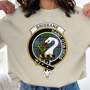 Crew neck sweatshirt with Brisbane clan crest featuring a white swan on tartan.