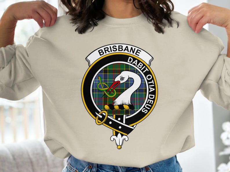 Crew neck sweatshirt with Brisbane clan crest featuring a white swan on tartan.
