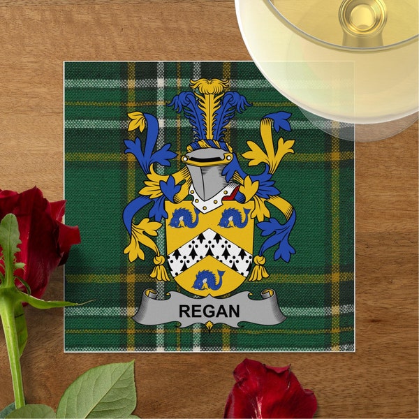 Regan Family Crest on Irish Tartan, Custom Beverage Napkins for Weddings, Bridal Showers, Family Reunions