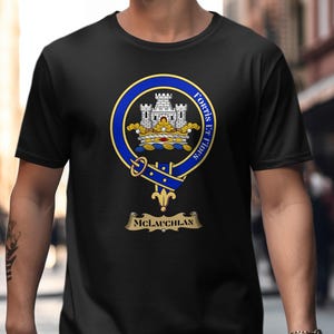 Black t-shirt with MCLAUCHLAN clan crest featuring a blue and gold shield within a castle battlement.