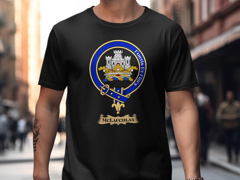 Black t-shirt with MCLAUCHLAN clan crest featuring a blue and gold shield within a castle battlement.