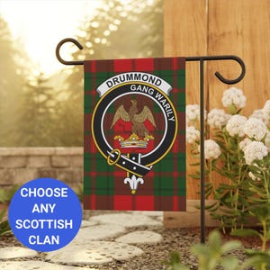 Drummond clan garden flag, Scottish clan crest on tartan background, outdoor decor, Scotland family heritage, garden decor, house flag