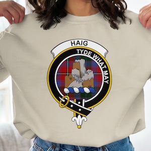 Haig Clan Crest T-Shirt, Tyde What May Motto, Scottish Heritage Sweatshirt, Family Reunion Gift, Tartan Ancestry Tee