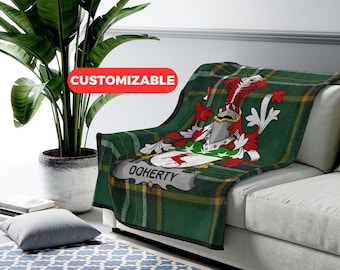 Doherty irish surname coat of arms blanket, Irish National Tartan background, Family crest blanket, Irish heritage throw