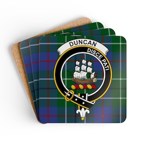 Duncan Coaster Set: Tartan Design, Boat Crest, Scottish Clan Heraldry