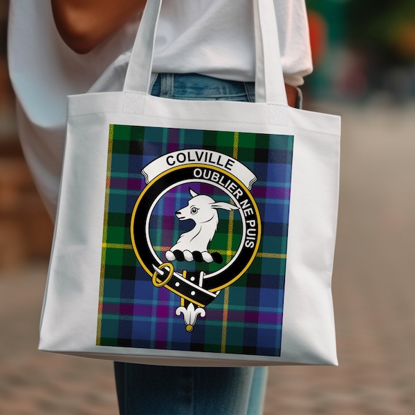 Colville Clan Scottish Tartan Tote Bag, Crest Fox Motif, Spacious Shopper Bag, Unique Heritage Style, Eco-Friendly Canvas Bag