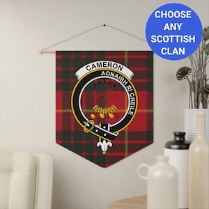 Clan Cameron Scottish Wall Pennant, Tartan Design Decor, Home Wall Art, Ancestral Clan Crest Banner, Heritage Wall Hanging