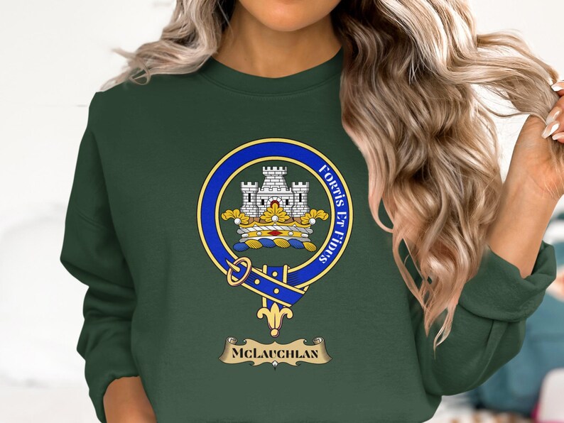 Dark green sweatshirt with the McLauchlan clan crest featuring a castle and motto.