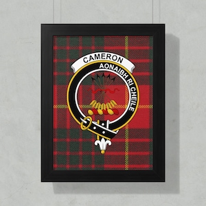 Cameron Clan Crest Framed Poster, Scottish Tartan Wall Art, Family Heritage Decor, Scotland Pride Gift, Custom Name Available