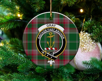 Ornamento in ceramica con motivo tartan del clan Gray, regalo con stemma di famiglia scozzese, ancora grigia, ricordo del patrimonio, decorazione per albero di Natale