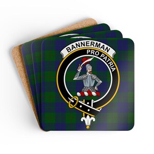 Bannerman Coaster Set: Scottish Clan Crest, Tartan Pattern, Unique Tableware