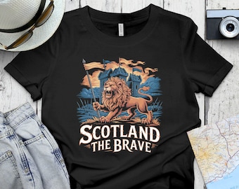 スコットランドの勇敢なライオンTシャツ、スコットランドの誇りを象徴するグラフィックTシャツ、スコットランドの伝統を象徴するシャツ、勇敢なライオンのアート、ユニークなスコットランドのギフト