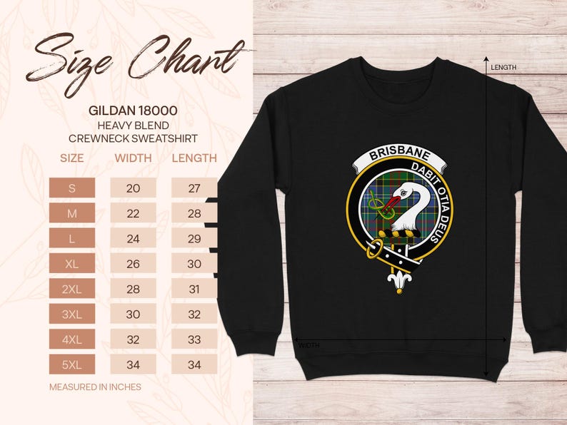 Gildan 18000 sweatshirt size chart showing S-5XL with width and length measurements.