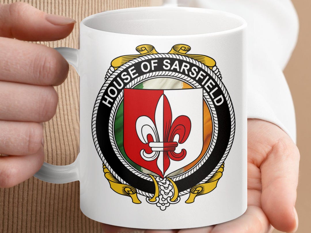 Sarsfield Irish Coat of Arms Mug, Sarsfield Ancestry Lineage Heritage, Sarsfield Heraldry Mug
