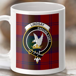 Lindsay Clan Scottish Tartan Crest Mug, Scotland Ancestry Gift, Family Name Coffee Cup, Highland Clan Heritage Keepsake, Celtic Roots