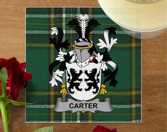 Écusson de la famille Carter sur tartan irlandais, serviettes de table pour la mariée et le mariage, serviettes à déjeuner personnalisées, fournitures pour réunion de famille