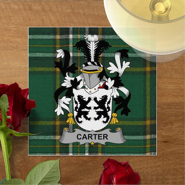 Carter Family Crest on Irish Tartan, Bridal and Wedding Napkins, Custom Luncheon Serviettes, Family Reunion Supplies