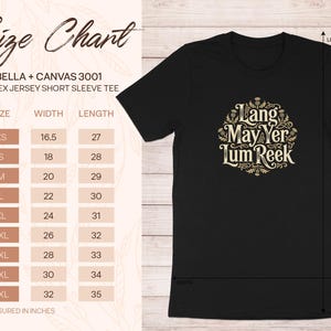 Size chart for Bella + Canvas 3001 unisex t-shirt with sizes and measurements.