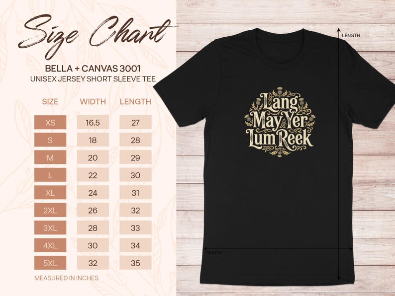 Size chart for Bella + Canvas 3001 unisex t-shirt with sizes and measurements.