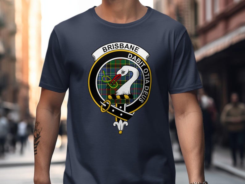 Dark blue t-shirt featuring a circular clan crest with "Brisbane" and Latin text.