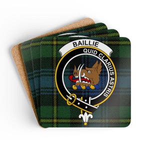 Baillie Coaster Set: Scottish Clan Crest, Family Name, Round Drink Coasters