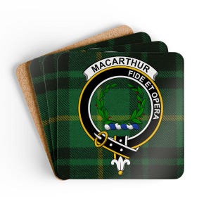 MacArthur Coaster set: Tartan Crest, Clan Symbol, Scottish Heritage, Drinks Coasters