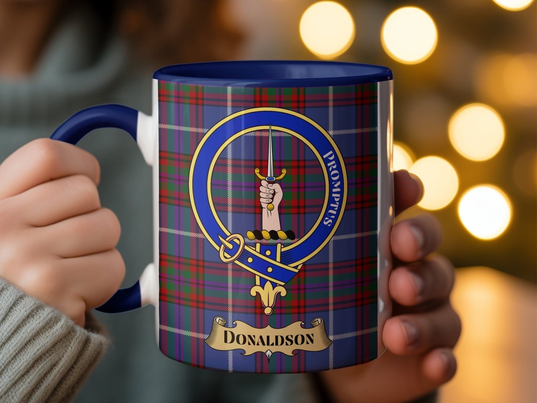 Scottish Clan Donaldson Crest Mug, Tartan Background Heritage Coffee
