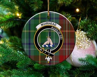Muirhead Clan Crest Ceramic Ornament, Scottish Family Gift, Tartan Background, Genealogy Present, Unique Decoration, Clan Pride