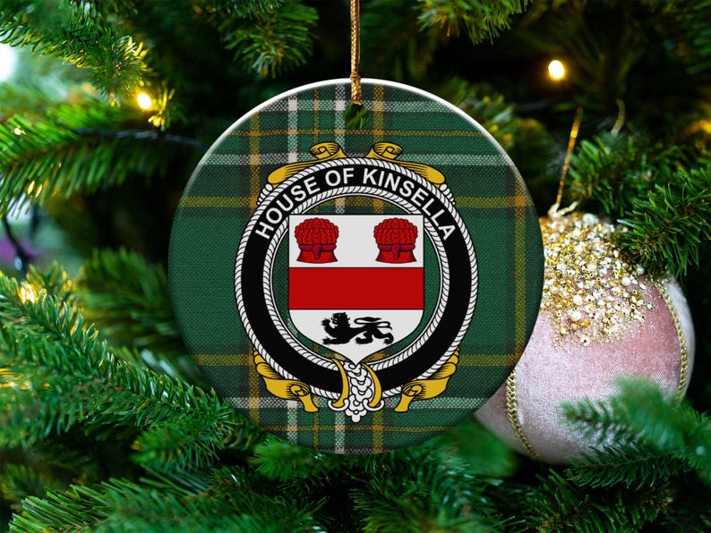 Kinsella Irish Surname Crest Coat of Arms Ornament Tartan Background