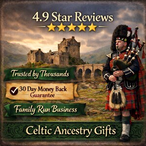 Bagpiper in kilt stands before a castle; "Celtic Ancestry Gifts" logo.