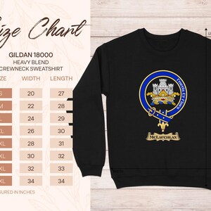 Gildan 18000 sweatshirt size chart with dimensions for various sizes.