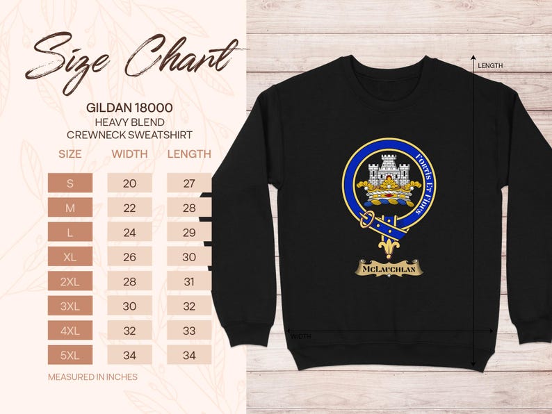 Gildan 18000 sweatshirt size chart with dimensions for various sizes.