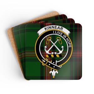 Kinnear Clan Coaster Set: Tartan Anchor Design, Scottish Family Crest, Home Decor