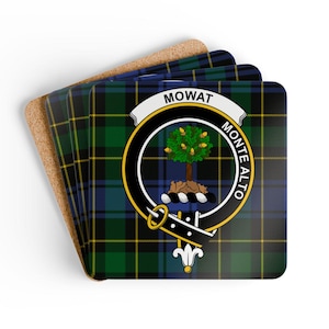 Mowat Clan Coaster Set: Tartan Crest Design, Scottish Heritage, Drink Coasters